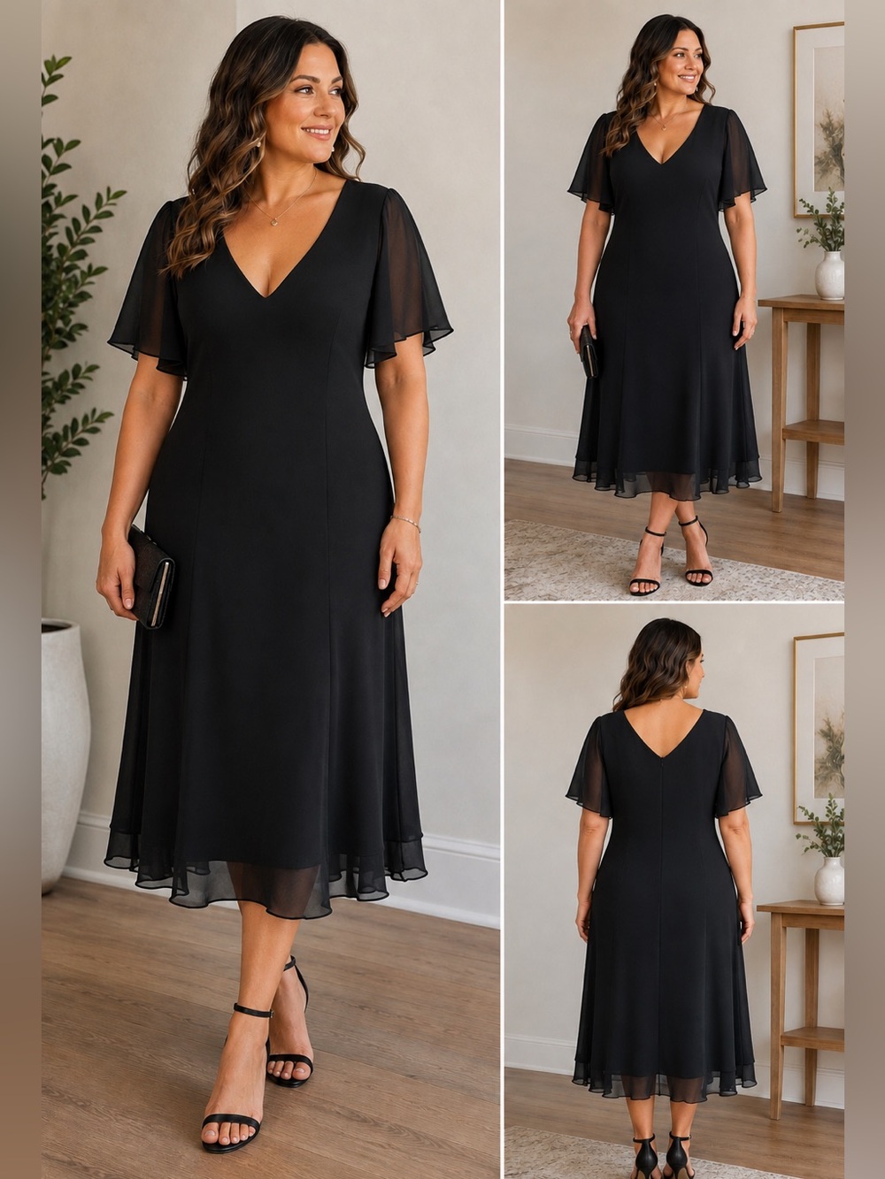 NWT Algo Black Chiffon Flutter Sleeve Dress Size 20 Made in Canada Black Tie